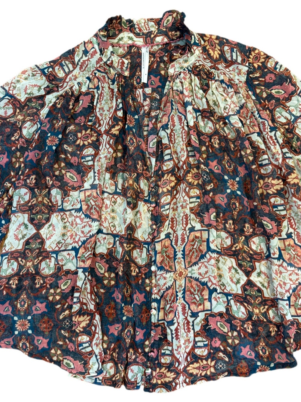 Anthropologie Estela Sheer Printed Blouse Medium Boho Rug Print Balloon Sleeve - Picture 5 of 16